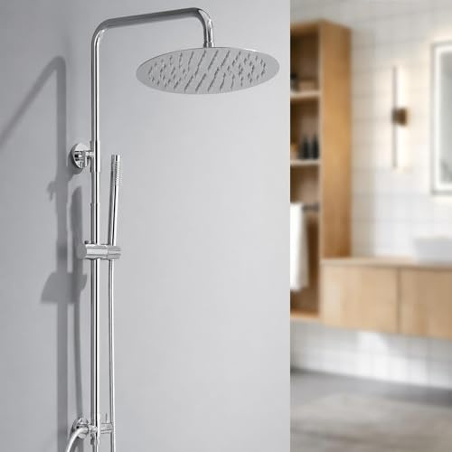 Auralum Colonne de Douche Sans Mitigeur Chrome Mat en Laiton, Colonne Télescopique 68-108cm avec Tête de Douche Rond Carrée 8, Douchette Carrée et Flexible PVC, pour Baignoire et Salle de Bain