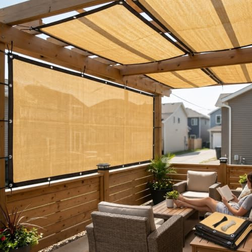 Rete Ombreggiante Beige con Occhielli Ogni 50 cm, Telo Ombreggiante 90% in HDPE Traspirante per Pergola, Balcone, Giardino, Terrazza, Recinzione e Serra(2.5x5.5m)