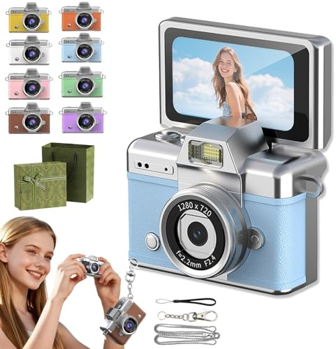 Mini Digital Camera with 1.47 Inch Flip Screen, 1080P HD Retro Keychain Camera for Vlogging, Portable Pocket Video Recorder with Built-in Flash and Anti-Shake, Ideal for Travel and Concerts (F)