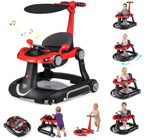 GIANTEX 7-i-1 gåvagn, gåstol, höjdjusterbar med gungfunktion och hoppmatta, babywalker med ljus, musik, lekcenter och bricka, hopfällbar lekhage för baby från 6 månader (röd)