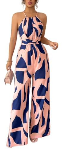 Zesoyne Women's Halter Neck Abstract Print Jumpsuit Sleeveless Wide Leg One Piece Outfit Romper with Belt for Party Large Pink