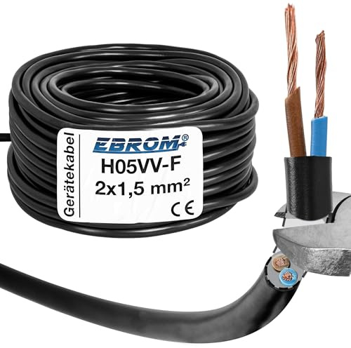 EBROM Schlauchleitung Gerätekabel -RUND- H05VV-F 2x1,5 mm², schwarz, 60 m | von 5 bis 200 m - flexibel - 2x1,5 mm2 - z.B. für Haushaltsgeräte Heizgeräte Anschlussleitungen, für mittlere Beanspruchungen