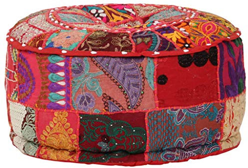 Festnight Patchwork Sitzpouf Rund ? 40cm | Vintage Sitzhocker Hocker aus Baumwolle Handgefertigt 40 x 20 cm (Durchmesser x H) Rot
