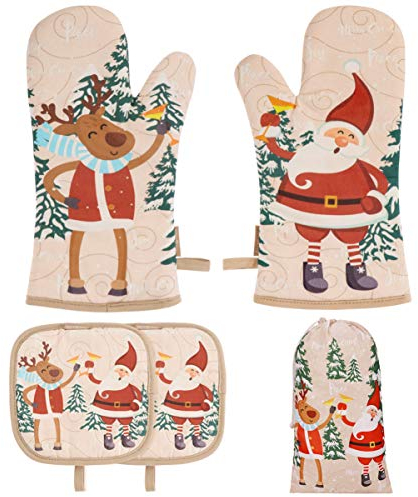 - Set di guanti da forno e presine, resistenti al calore, antiscivolo, adatti per cucinare, grigliare, colore: nero, Cotone, Natale, Medio