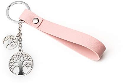 Schlüsselanhänger mit Silber Edelstahl Anhänger, Leder-Riemen und Metall Schlüssel-Ring - Glücksbringer & Talisman - Damen & Mädchen Geburtstagsgeschenk - Freundschafts-Geschenk (Rosa Lebensbaum)
