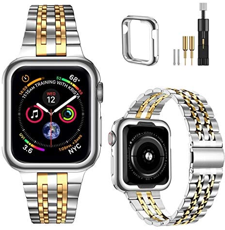 MioHHR Kompatibel mit Apple Watch Armband 38 mm 40 mm 41 mm, massives Edelstahl-Metallarmband für iWatch Series 8 7 6 5 4 3 2 1 SE(Silber/Gold)