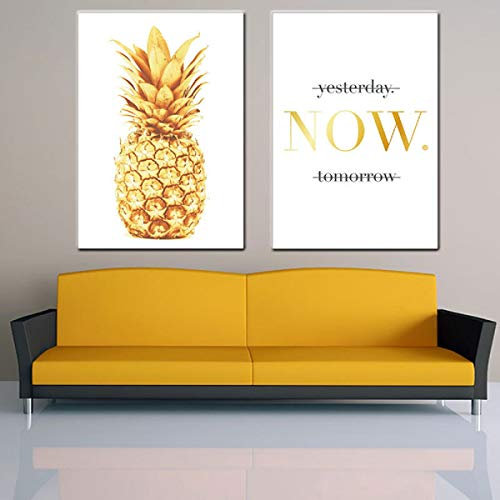 HERRA Ungerahmtes 2er-Set Ananas Leinwanddruck Poster Wandkunst Not Yesterday Tomorrow But Now Inspirierende Zitate Motto Wandkunst Dekor Leinwand Bilder Ölgemälde Wandbild für Büro Wohnzimmer
