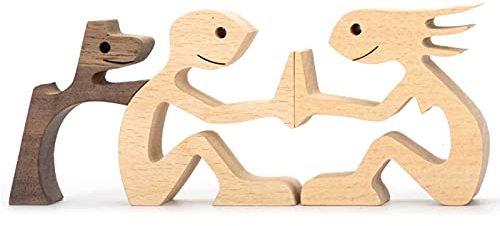 Holzfigur mit Hund und Katze, Familienstatue, Welpen, Familie, Holzfiguren, Zuhause, Innenbereich, Holzhandwerk, Kunst, Dekoration, Desktop-Tischplatte, Büro, Ornamente für Kinder, Erwachsene,