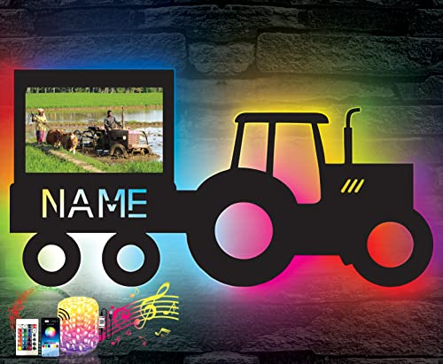 LEON - FOLIEN Traktor mit Bilderrahmen RGB Farbwechsel Schlummerlicht - Mit 16 LED Farben personalisiert Wunschnamen Geschenk Für Freundin Frau Männer romantische Liebesgeschenke individuell