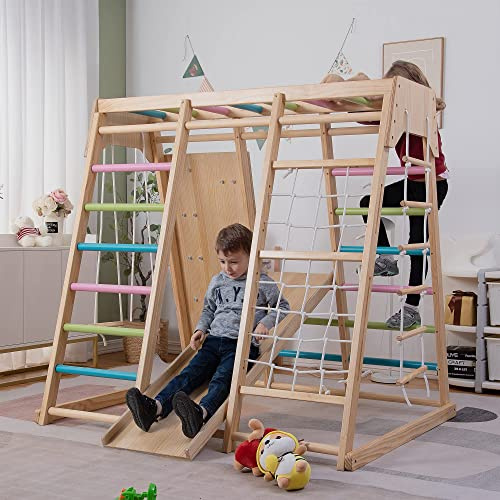 Avenlur Premium Wooden Indoor Climbing Gym for Kids – Montessori Playset with Climbing Wall, Ladder, Rope Net & Swing – Solid Natural Wood Toddler Playground, Ages 1–6
