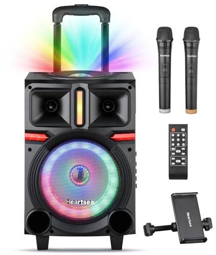 HEARTSEA Karaoke Machine for Adults, Portable PA Bluetooth Speaker with Dual Wireless Microphones, TWS Stereo, LED Disco Ball Lights for Home Party & Outdoor