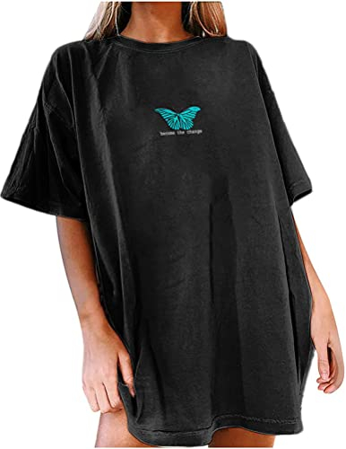 Tomwell T Shirt Damen Kurzarm Sport Sommer Oberteile Oversize T-Shirt mit Schmetterling Muster Sweatshirt Lose Rundhals Drucken Bluse Teenager Mädchen Tunika Top Lang A Schwarz XXL
