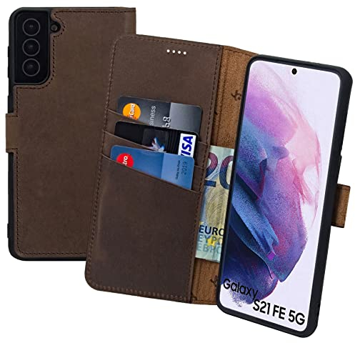 Suncase Book-Style Hülle kompatibel mit Samsung Galaxy S21 FE 5G Leder Tasche (Slim-Fit) Lederhülle Handytasche Schutzhülle Case mit 3 Kartenfächer in antik-braun
