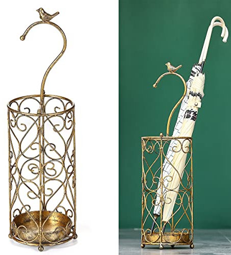 SMQLJXC Umbrella Stand, Umbrella Holder For Entryway, Cast Iron Bird Handle And Drip Tray (Antique Gold)