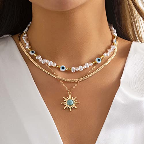Prosy Punk Layered Sonne Türkis Choker Halsketten Gold Auge Halskette Kette Schmuck Einstellbar für Frauen und Mädchen