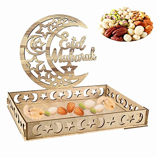 PEFOLOC Plateau Ramadan, plateau en bois Eid Mubarak, plateau de service en forme d'étoile de lune, plateau de décoration Ramadan, plateau décoratif Ramadan, décoration de table Ramadan