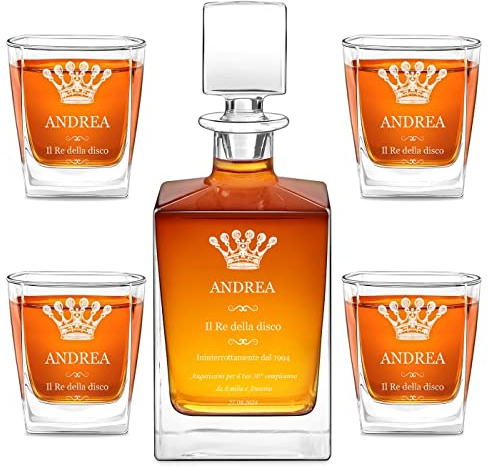 Maverton set Caraffa da whisky e cognac + 4/6 bicchieri - con incisione personalizzata - Decanter in vetro per whiskey da 0,81 L - Bottiglia per compleanno - pensiero per papà - Re