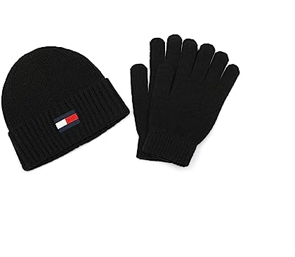 Tommy Hilfiger Herren Embroidered Flag Watch Cap and Glove Set Beanie-Mütze, Schwarz, Einheitsgröße