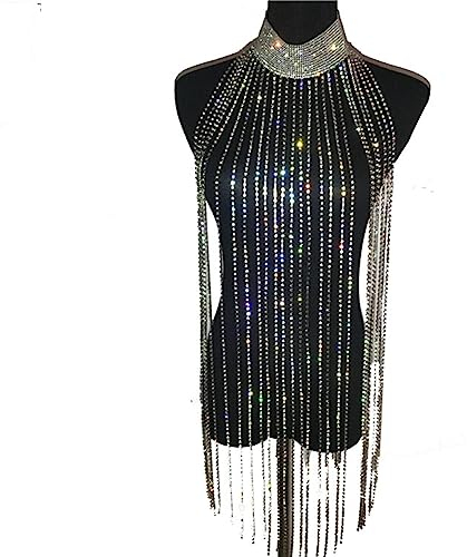 Yurosiay Silber Strass Körperkette Lang Strass Quaste Halskette Funkelnde Choker Halskette Strass Mode Kristall Fransen Brustkette Sexy Körper Ketten Damen Körperschmuck für Nachtclub Party