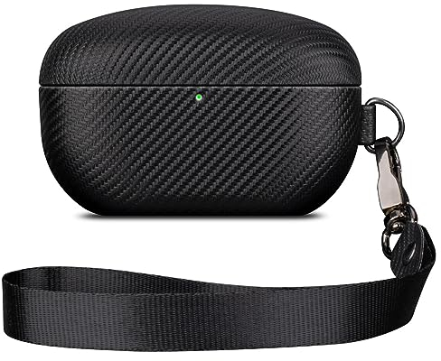 LOPIE Schutzhülle kompatibel mit WF-1000XM5, Karbonfaser-Stil, veganes Leder, entworfen für Sony Earbuds WF1000XM5, Schutzhülle mit Umhängeband für Damen/Herren, Schwarz
