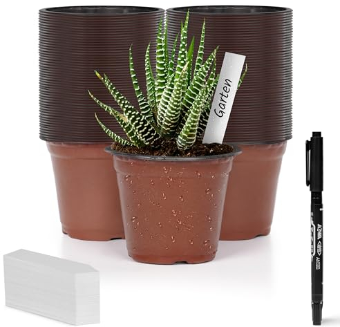 Winter Shore Vasetti per Piantine [100 Pezzi] - Vasi in Plastica da 10 cm con Fori di Drenaggio per Ortaggi, Piante, Frutta e Semi di Fiori - 100 Etichette Impermeabili e Penna - Set Giardinaggio
