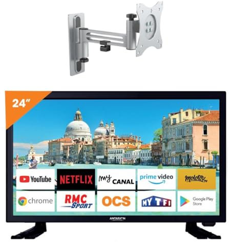 Antarion Pack TV LED 23.6 60cm Televisor Smart Connect Android 11.0 12V + Soporte TV 180° Carga Max 15kg