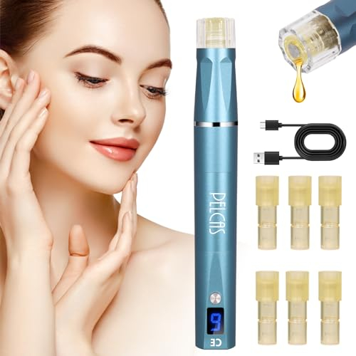 PELCAS Microneedling Pen, Elektrischer Derma Pen Wiederaufladbar Kabellos Mikronadel Stift mit 6 Stufen Zum Narben Falten Dehnungsstreifen Aufhellung Akne Hautverjüngung (Inkl. 6 Nadeln Patronen)
