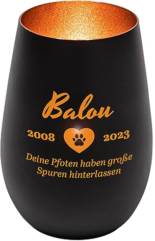 Windlicht aus Glas graviert mit Wunschnamen für Haustier (Schwarz/Bronze) | Andenken | personalisiert | Trauergeschenk | Teelichtglas | Teelichthalter | Grablicht