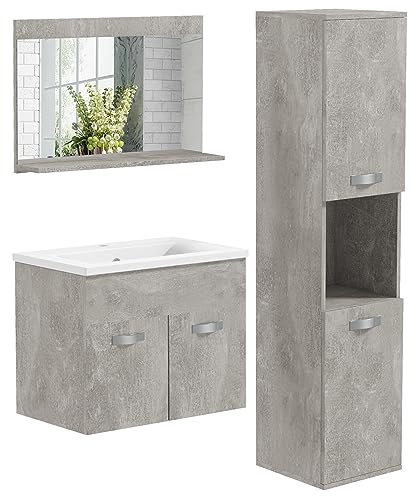 kleankin Conjunto de Muebles de Baño de Pared 3 Piezas Incluye Espejo Armario con Lavabo Cerámico y Columna Auxiliar de Baño Estilo Moderno Gris