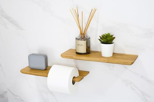 Porte-rouleau de papier toilette et salle de bain sans perçage adhésif avec étagère en bois | Support bambou décoration | Toilet Paper Holder | Support de papier toilette | Set décoration salle de