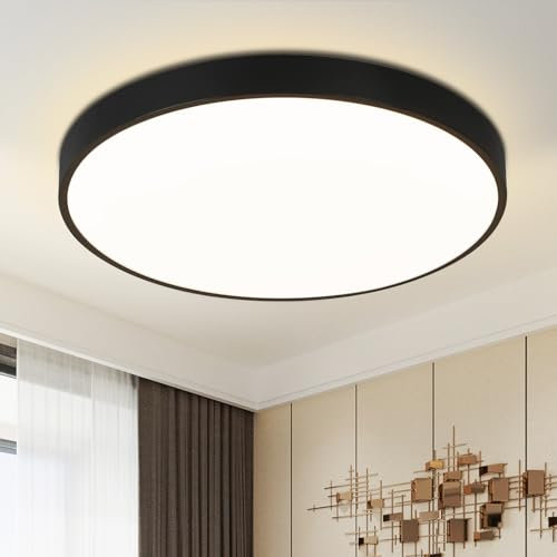 muyuua Deckenlampe LED Deckenleuchte Flach - Schlafzimmerlampe Schwarz Kellerlampe Badlampe 12W IP44 Küchenlampe Flurlampe Ø21cm Rund Badezimmerlampe Warmweiß Wohnzimmer Schlafzimmer Flur Büro Küche
