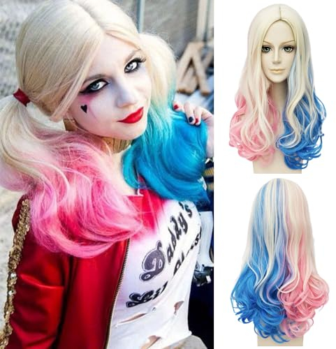 Perücke Damen,Lang Cosplay Perücke,Bösewicht Perücke,Cosplay Perücke,Blond Blau Rosa Perücken für Karneval Halloween Fasching Kostüme Party
