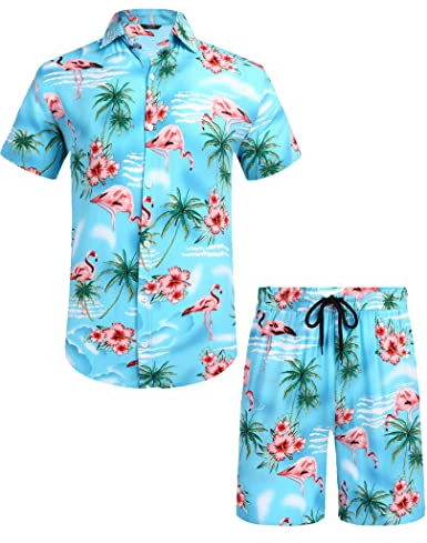 COOFANDY Ensemble de chemises et shorts hawaïens pour homme - 2 pièces - Flamant rose - Chemise tropicale à manches courtes - Tenue de vacances de plage - Tailles S à 3XL, Flamant rose - Bleu et rose