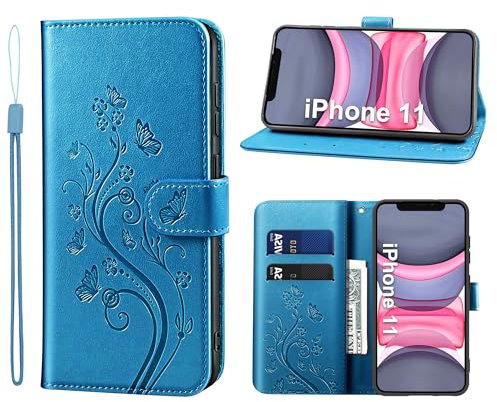 KRAFTCARE Handyhülle für iPhone 11 Mit Kartenfach, Geld Slot, Ständer, Magnetic Closure - Flip Case Leder Schutzhülle Tasche für 6.1 Zoll, Blau