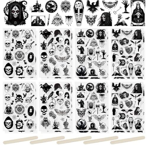 WANDIC Rub On Transfer Aufkleber, 16 Blatt Terror Thema Decals Skelett Aufkleber Dunkelschwarz Decals wasserdichte Aufkleber für Grußkarten
