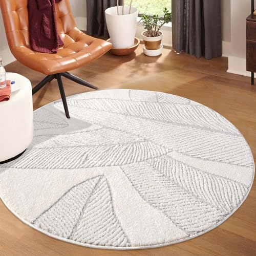 carpet city Kurzflor Teppich Grau, Creme - 200 cm Rund - Wohnzimmer-Teppiche Hochtief-Muster, 3D-Effekt - Florales Muster - Flachflor Bodenbelag, Deko Schlafzimmer