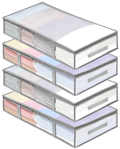 4 Packs Under Bed Storage Containers Bins, Humid-Proof Plastic Underbed Storage Bins, Closet Organizers and Clothes Storage Bags, Under the Bed Blanket Storage with Handles for Clothes,Bedroom