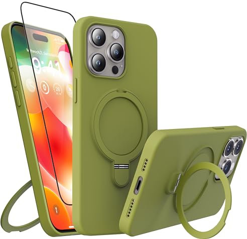 Chrinip 3 in 1 Magnetic Stand for iPhone 15 Pro Case, Liquid Silicone Case,[Compatible with MagSafe][Built-in Kickstand&Ring Holder] Anti-Scratch Soft Microfiber Lining, Midnight Green
