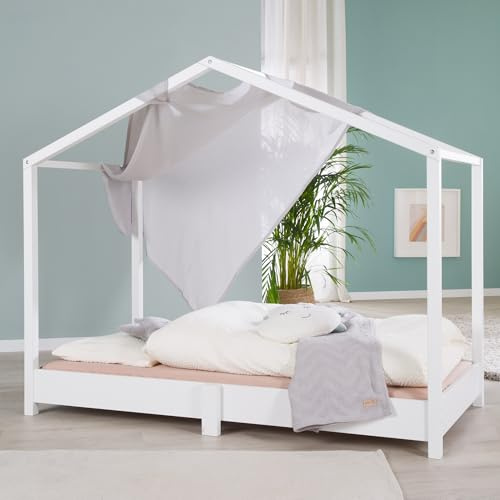 roba Hausbett 70 x 140 cm + Lattenrost + Matratze Safe Asleep® - Bodentiefes Kinderbett nach Montessori Prinzip - Erweiterbar mit Hausbettbezug - Holz weiß lackiert