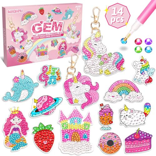 Maqhpu 5D Diamond Painting Schlüsselanhänger, Bastelset Kinder ab 6 Jahre, Einschulung Mädchen Schultüte Füllung, 14 Stück Diamant Painting Kinder, Schulanfang Mädchen Geschenke 4-12 jahre
