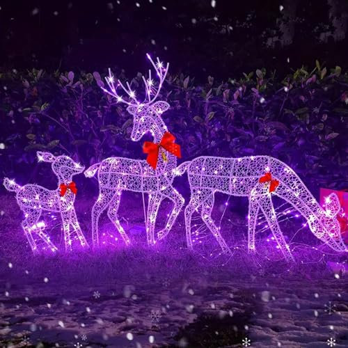 3-teiliges Beleuchtetes Weihnachts Hirsch Familien Set, 2D Weihnachts Rentier Skulptur aus Metall mit LED Lichtern, Weihnachtliche Leuchtanzeige für Drinnen und Draußen