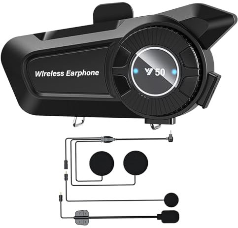 Intercom Moto Appareil Bluetooth à Molette pour Motos Suppression Bruit DSP&CVC/IPX6 Étanche/Chaîne Hi-Fi/Micro Wireless 5.3 Réponse Automatique Assistant AI Compatible Tous les Casques 1800mAH