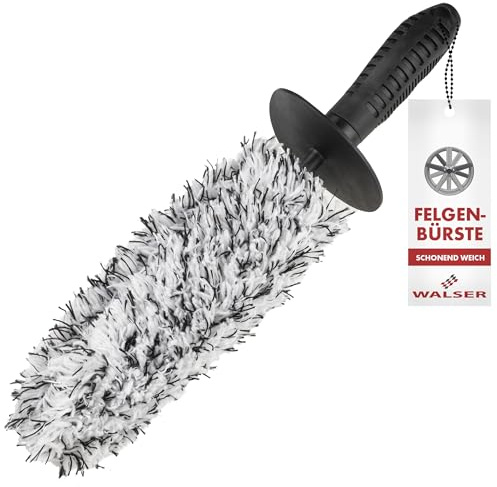 Walser Premium Mikrofaser Felgenbürste, Felgenreiniger mit ergonomischem Griff + Spritzschutz für Kratz-/streifenfreie Reinigung, biegsame Felgenbürste Auto 42 cm, Auto Reinigungsset Bürste/Schwamm