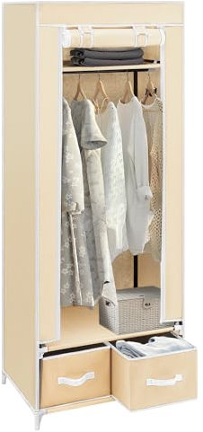 Youyijia Portable Wardrobe Single Canvas Wardrobe Clothes Storage Organizer with 2 Drawers and Hanging Rail Foldable Closet for Clothes, Bags, Toys, Shoes 160 x 60 x 43CM (Beige)