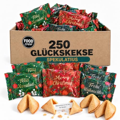 FOOD crew 250x Glückskekse Spekulatius Großpackung – Weihnachtsglückskekse mit echtem Spekulatius-Gewürz – für Gastronomie, Büro & Feiern, einzeln verpackt, vegan