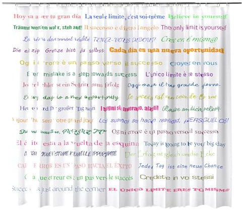 Morblan Rideau de douche, de salle de bain, PEVA, anti-moisissure, imperméable, rideau écologique, motif phrases motivantes, 180 x 200 cm, crochets inclus.