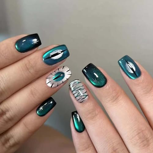 NLFOX Cat Eye False Nails - 24PCS Square Blue Shimmer Reflective Cat Eye False Nails with Glue - Long Lasting Stick on Nails Removable DIY Nail Art Gifts for Women