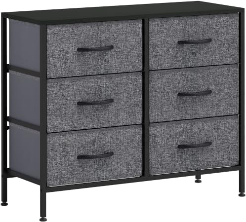 HOMCOM Fabric Chest of Drawers with 6 Fabric Drawers Black | Industrial Bedroom Dresser, Steel Frame, Wooden Top, for Nursery, Living Room, Hallway