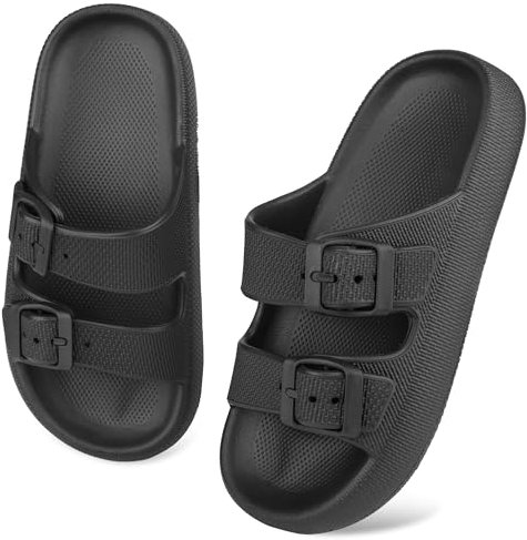 WYSFLY Kids Cloud Slides Boys Girls Adjustable Double Buckle EVA Flat Sandals Summer Pillow Slippers Shower Beach Pool Sliders Black 5 UK