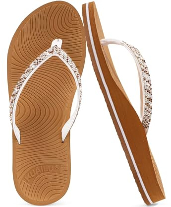 KuaiLu Women's Rhinestone Flip Flops with Comfort Arch Support Yoga Mat Cushion Sandals Fashion Summer Beach Pool Travel Orthotic Walking Thong Sandles Slip on Plantar Fasciitis White Khaki 7